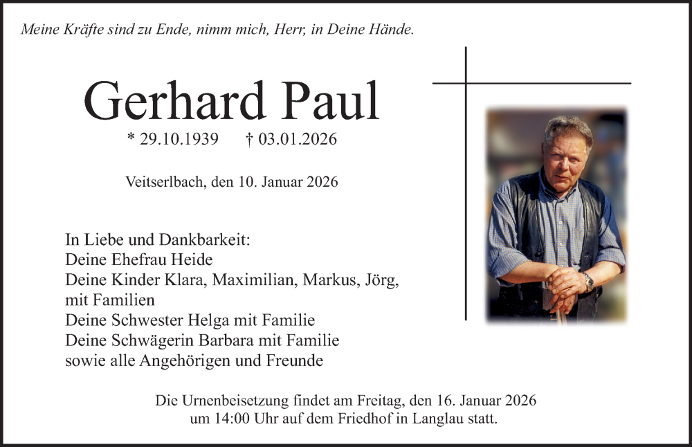  Traueranzeige für Gerhard Paul vom 10.01.2026 aus Altmühl-Bote Lokal