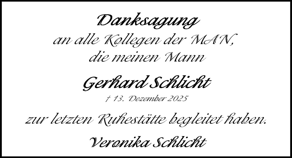  Traueranzeige für Gerhard Schlicht vom 17.01.2026 aus Gesamtausgabe Nürnberger Nachrichten/ Nürnberger Ztg.