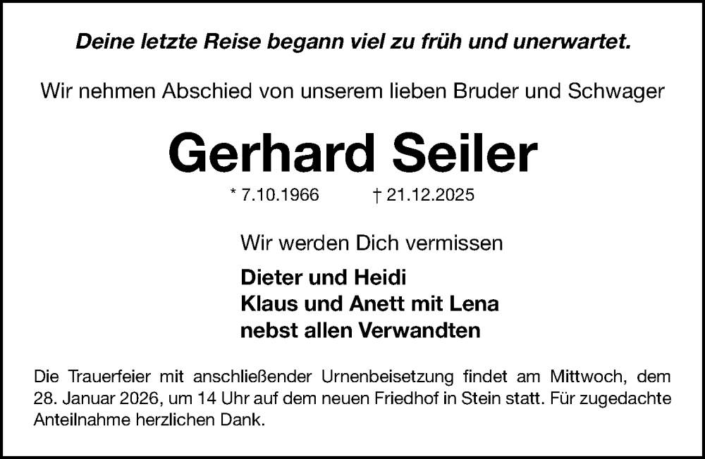  Traueranzeige für Gerhard Seiler vom 24.01.2026 aus Fürther Nachrichten Lokal