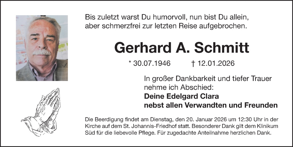  Traueranzeige für Gerhard A. Schmitt vom 17.01.2026 aus Gesamtausgabe Nürnberger Nachrichten/ Nürnberger Ztg.