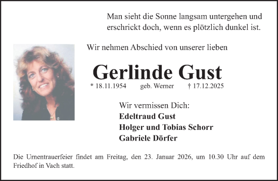 Traueranzeige von Gerlinde Gust von Fürther Nachrichten Lokal