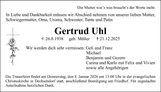 Traueranzeige von Gertrud Uhl von Erlanger Nachrichten Lokal