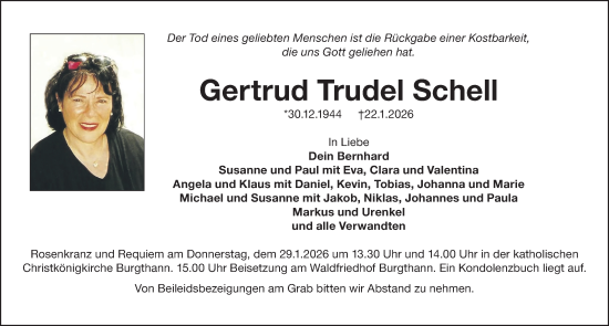 Traueranzeige von Gertrud Trudel Schell von Gesamtausgabe Nürnberger Nachrichten/ Nürnberger Ztg.