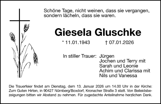 Traueranzeige von Giesela Gluschke von Gesamtausgabe Nürnberger Nachrichten/ Nürnberger Ztg.