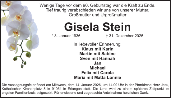 Traueranzeige von Gisela Stein von Erlanger Nachrichten Lokal