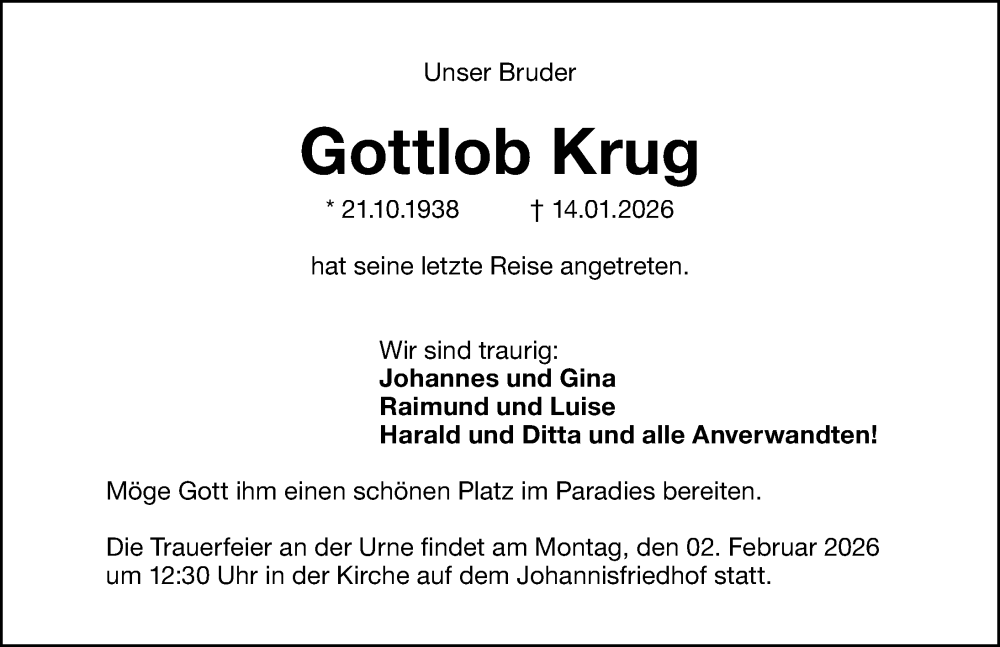  Traueranzeige für Gottlob Krug vom 24.01.2026 aus Gesamtausgabe Nürnberger Nachrichten/ Nürnberger Ztg.
