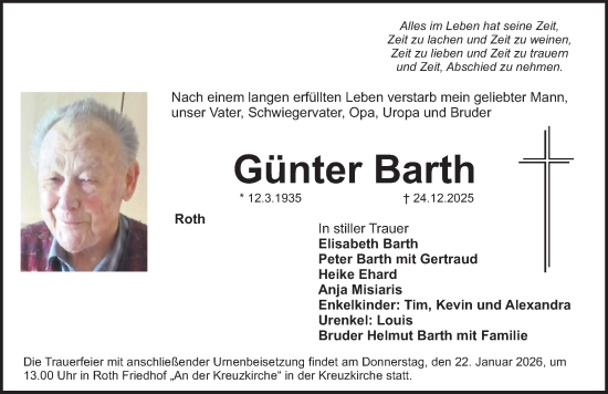 Traueranzeige von Günter Barth von Roth-Hilpoltsteiner Volkszeitung Lokal