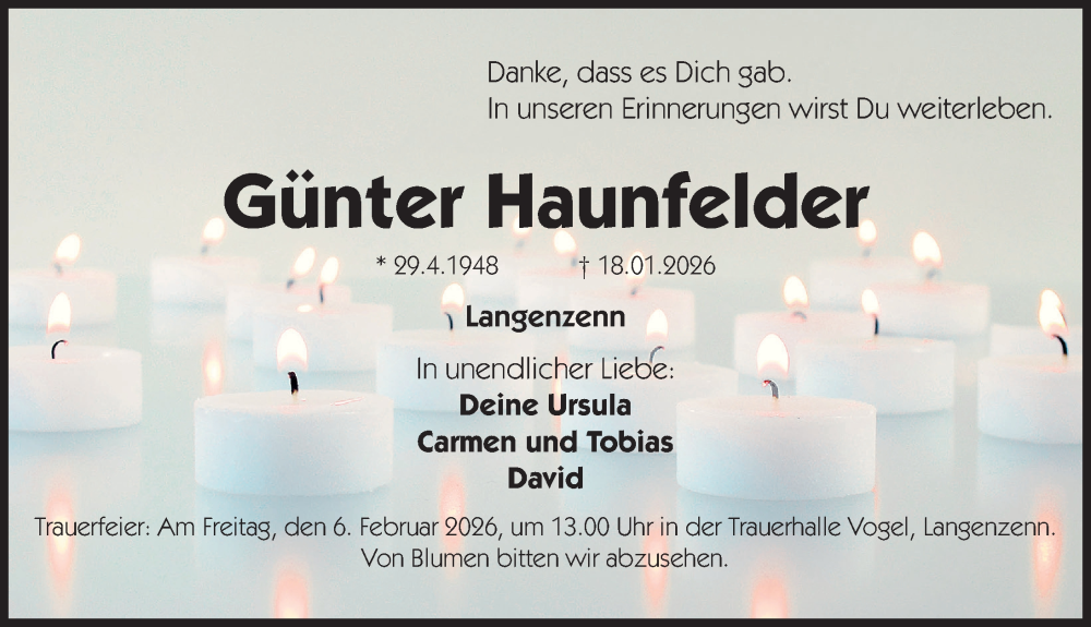  Traueranzeige für Günter Haunfelder vom 31.01.2026 aus Fürther Nachrichten Lokal