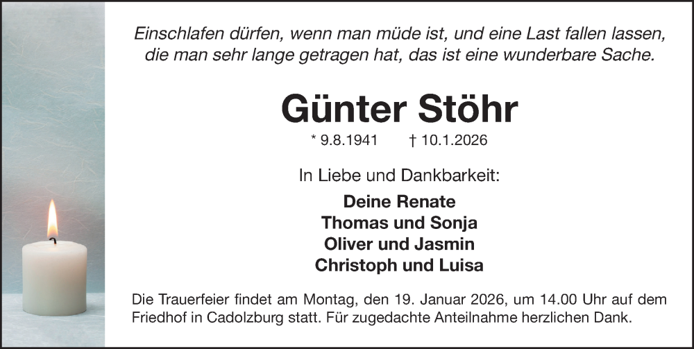  Traueranzeige für Günter Stöhr vom 17.01.2026 aus Fürther Nachrichten Lokal