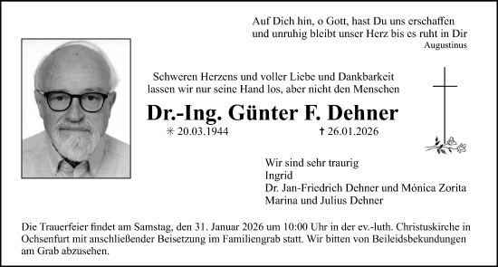 Traueranzeige von Günter F. Dehner von Erlanger Nachrichten Lokal