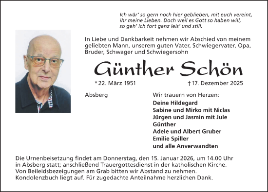 Traueranzeige von Günther Schön von Altmühl-Bote Lokal