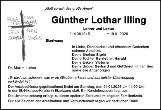 Traueranzeige von Günther Lothar Illing von Gesamtausgabe Nürnberger Nachrichten/ Nürnberger Ztg.