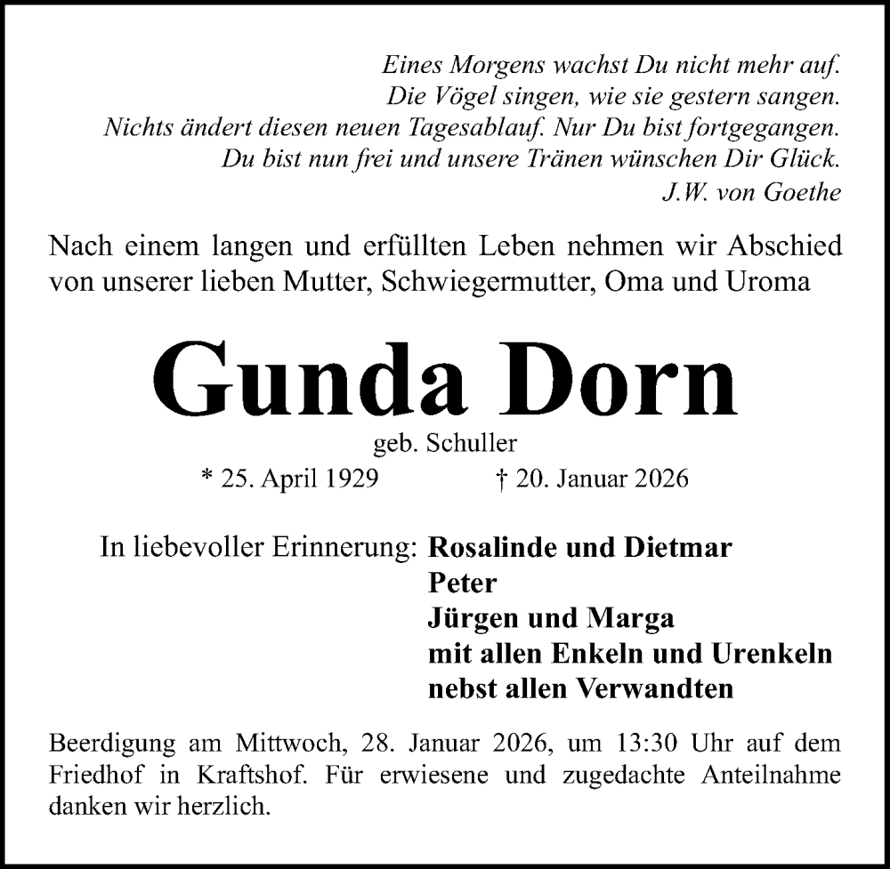  Traueranzeige für Gunda Dorn vom 24.01.2026 aus Gesamtausgabe Nürnberger Nachrichten/ Nürnberger Ztg.
