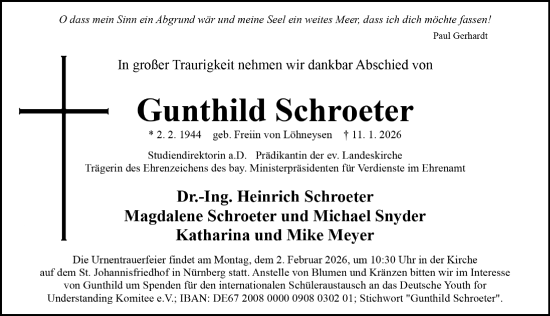 Traueranzeige von Gunthild Schroeter von Gesamtausgabe Nürnberger Nachrichten/ Nürnberger Ztg.