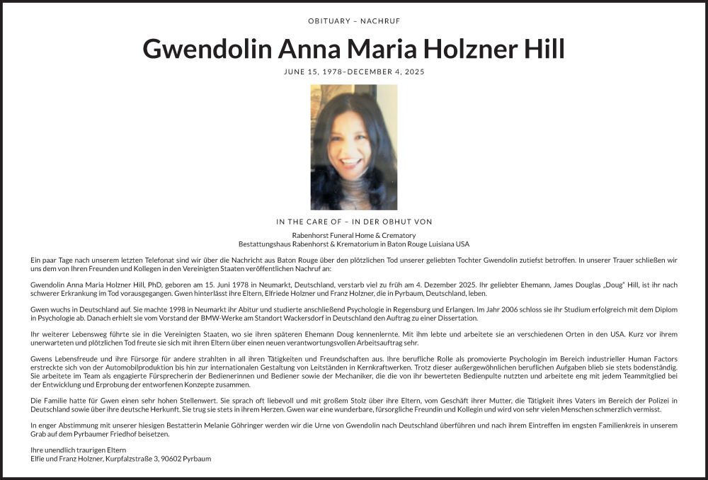 Traueranzeige für Gwendolin Anna Maria Holzner Hill vom 10.01.2026 aus Neumarkter Nachrichten Lokal