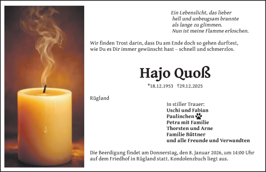 Traueranzeige von Hajo Quoß von Gesamtausgabe Nürnberger Nachrichten/ Nürnberger Ztg.