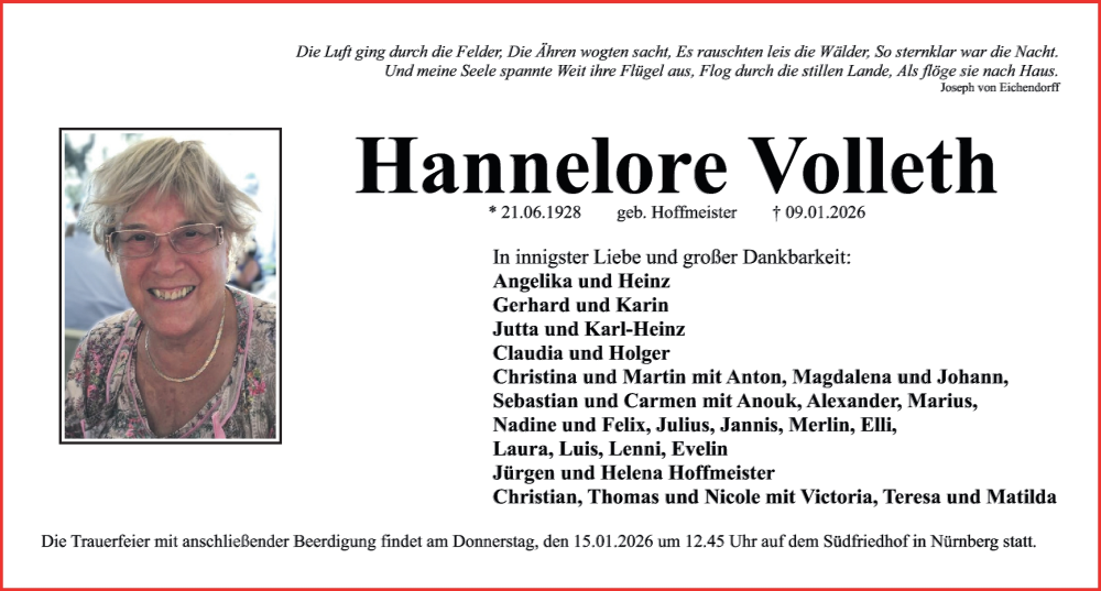  Traueranzeige für Hannelore Volleth vom 13.01.2026 aus Gesamtausgabe Nürnberger Nachrichten/ Nürnberger Ztg.