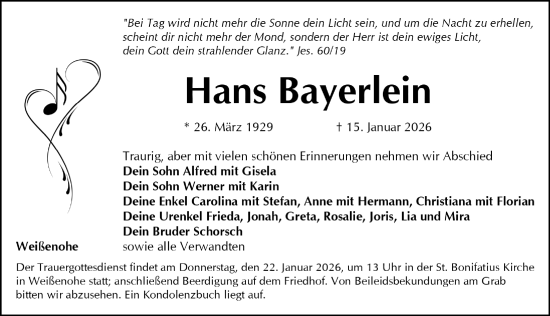 Traueranzeige von Hans Bayerlein von Nordbayerische Nachrichten Forchheim Lokal