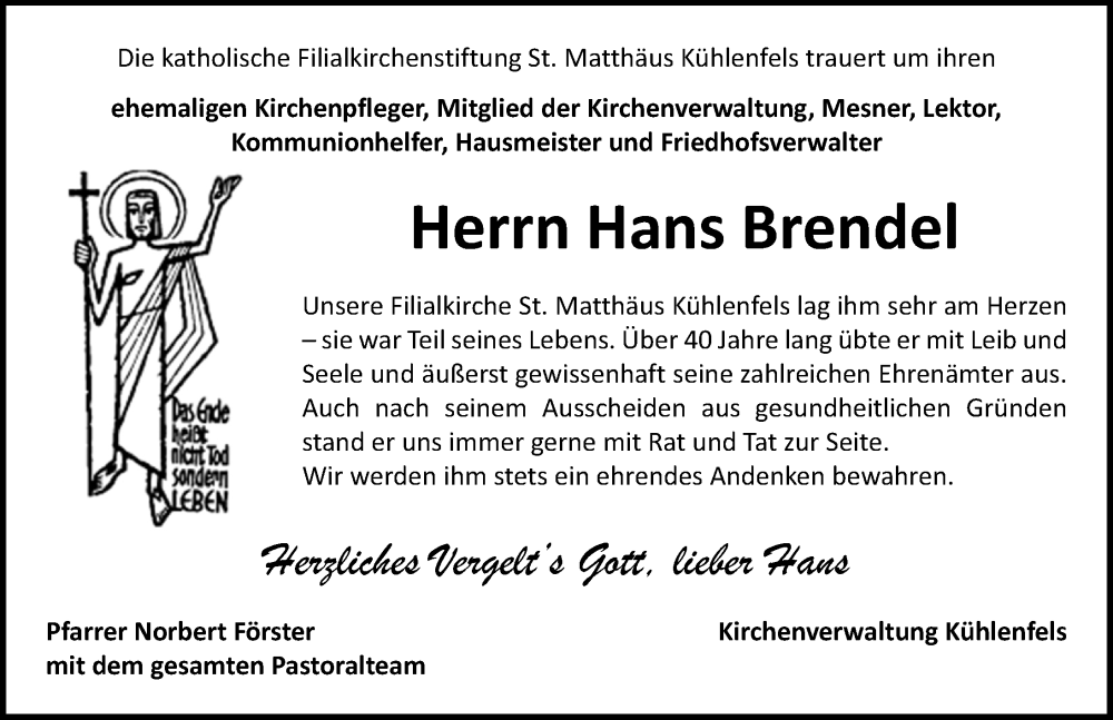  Traueranzeige für Hans Brendel vom 03.01.2026 aus Nordbayerische Nachrichten Pegnitz Lokal