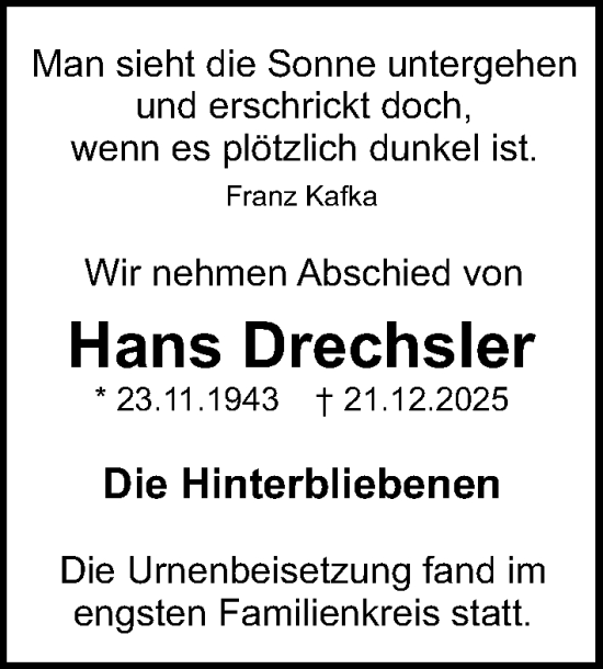 Traueranzeige von Hans Drechsler von Schwabacher Tagblatt Lokal