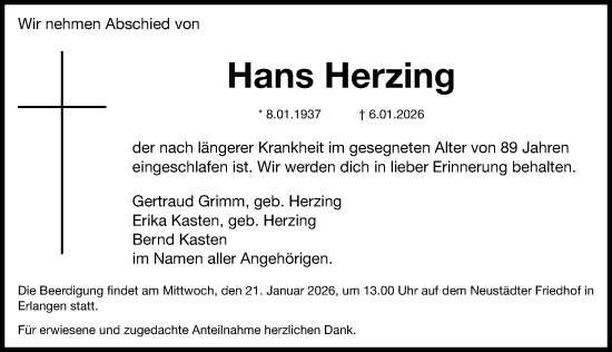 Traueranzeige von Hans Herzing von Erlanger Nachrichten Lokal