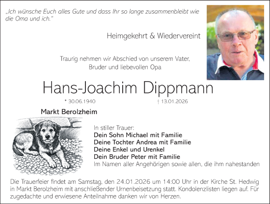 Traueranzeige von Hans-Joachim Dippmann von Altmühl-Bote Lokal