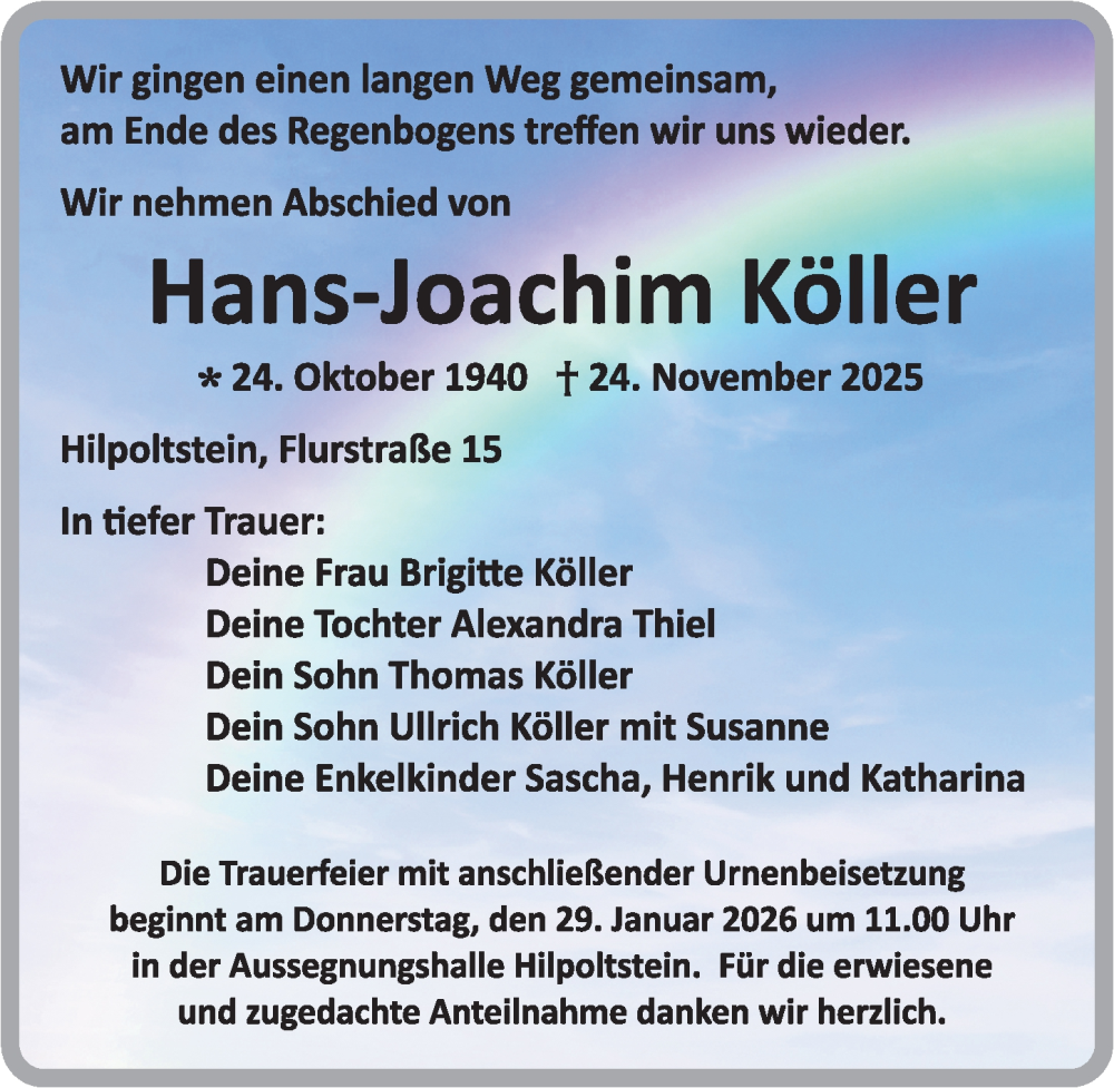  Traueranzeige für Hans-Joachim Köller vom 28.01.2026 aus Roth-Hilpoltsteiner Volkszeitung Lokal