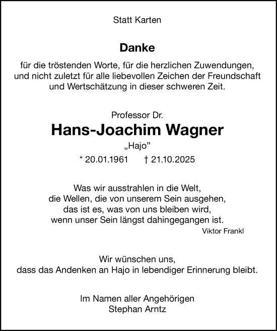 Traueranzeige von Hans-Joachim Wagner von Gesamtausgabe Nürnberger Nachrichten/ Nürnberger Ztg.