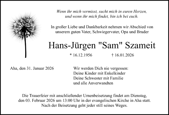 Traueranzeige von Hans-Jürgen Szameit von Altmühl-Bote Lokal