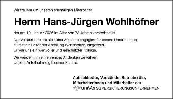 Traueranzeige von Hans-Jürgen Wohlhöfner von Gesamtausgabe Nürnberger Nachrichten/ Nürnberger Ztg.