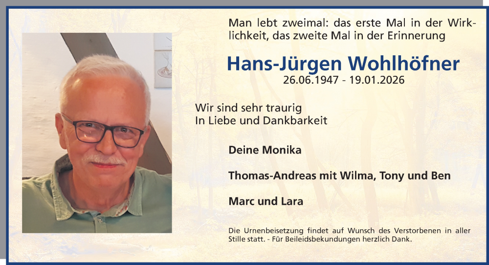  Traueranzeige für Hans-Jürgen Wohlhöfner vom 24.01.2026 aus Nordbayerische Nachrichten Forchheim Lokal