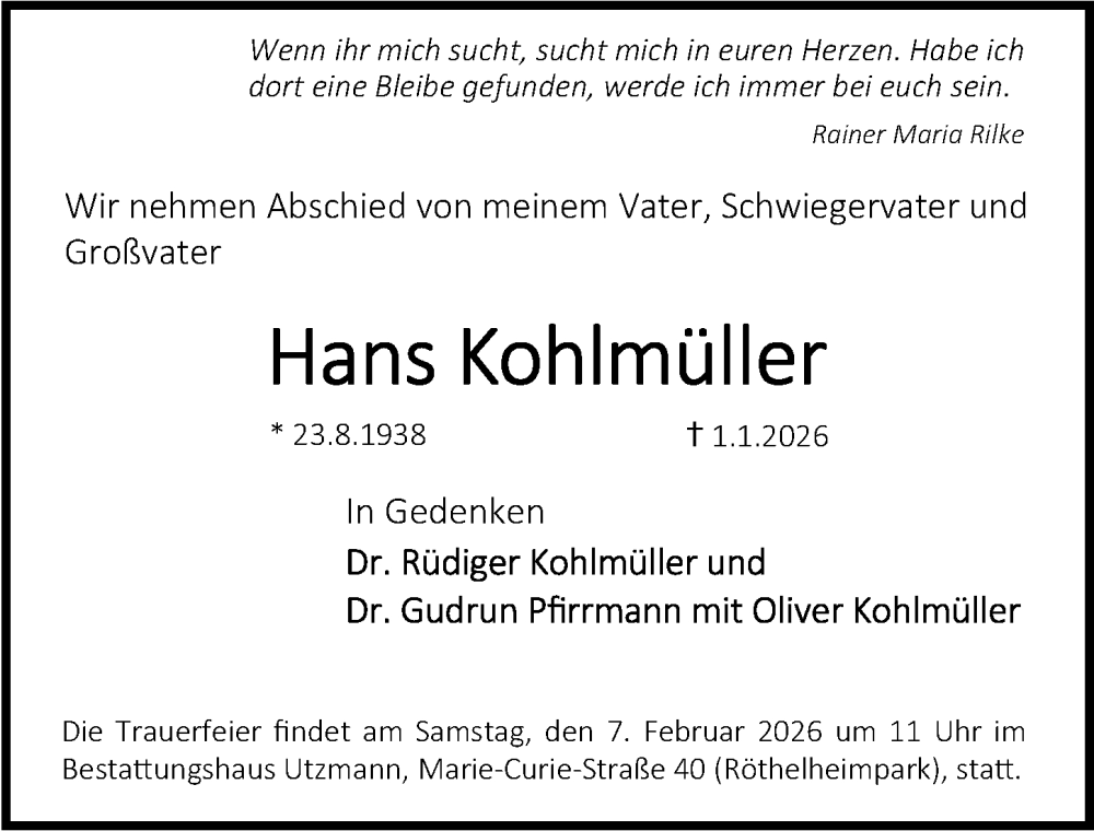 Traueranzeige für Hans Kohlmüller vom 31.01.2026 aus Erlanger Nachrichten Lokal