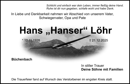 Traueranzeige von Hans Löhr von Roth-Hilpoltsteiner Volkszeitung Lokal
