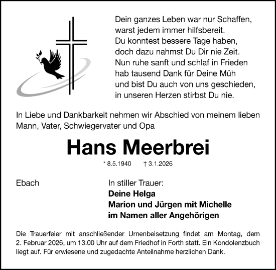Traueranzeige von Hans Meerbrei von Erlanger Nachrichten Lokal