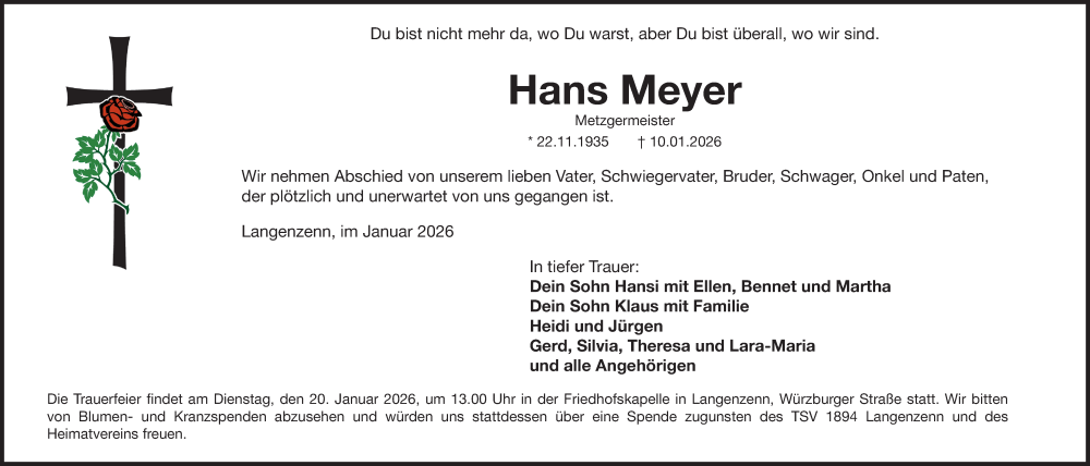  Traueranzeige für Hans Meyer vom 16.01.2026 aus Fürther Nachrichten Lokal