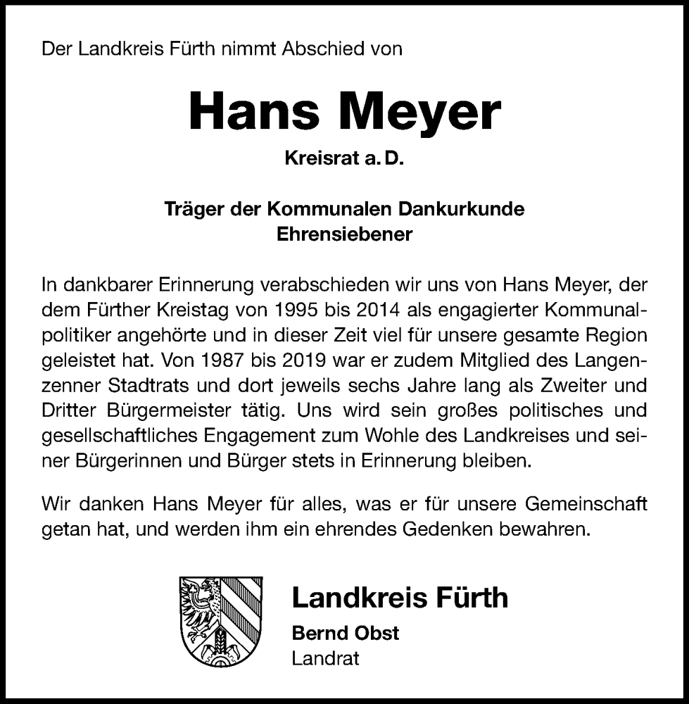  Traueranzeige für Hans Meyer vom 19.01.2026 aus Fürther Nachrichten Lokal