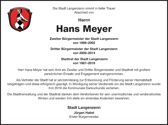 Traueranzeige von Hans Meyer von Fürther Nachrichten Lokal
