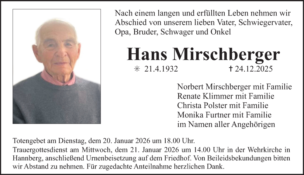  Traueranzeige für Hans Mirschberger vom 17.01.2026 aus Erlanger Nachrichten Lokal