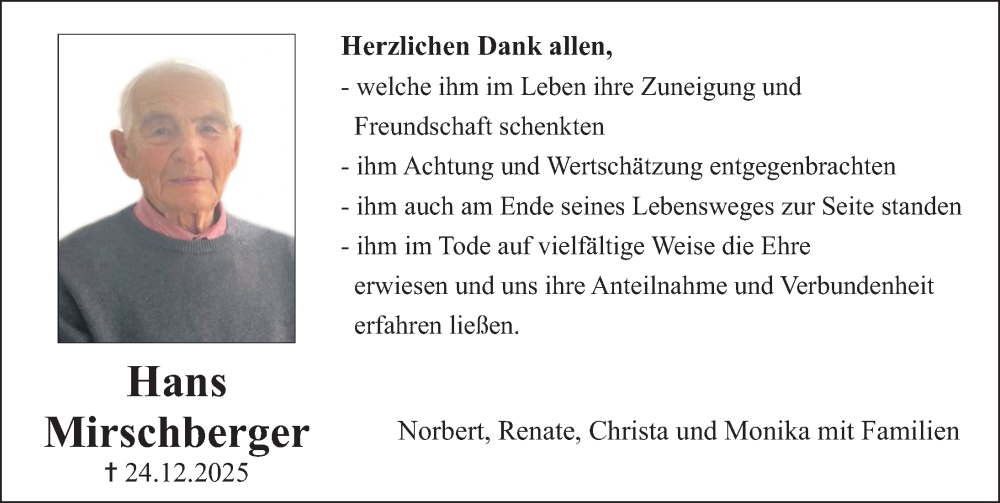  Traueranzeige für Hans Mirschberger vom 31.01.2026 aus Erlanger Nachrichten Lokal