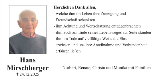 Traueranzeige von Hans Mirschberger von Erlanger Nachrichten Lokal