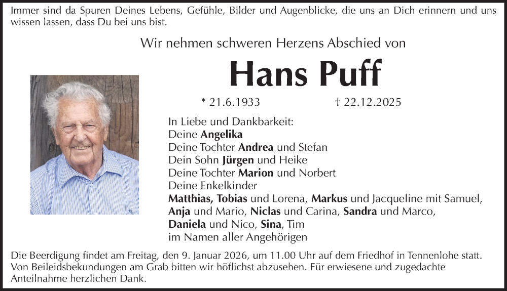  Traueranzeige für Hans Puff vom 03.01.2026 aus Erlanger Nachrichten Lokal