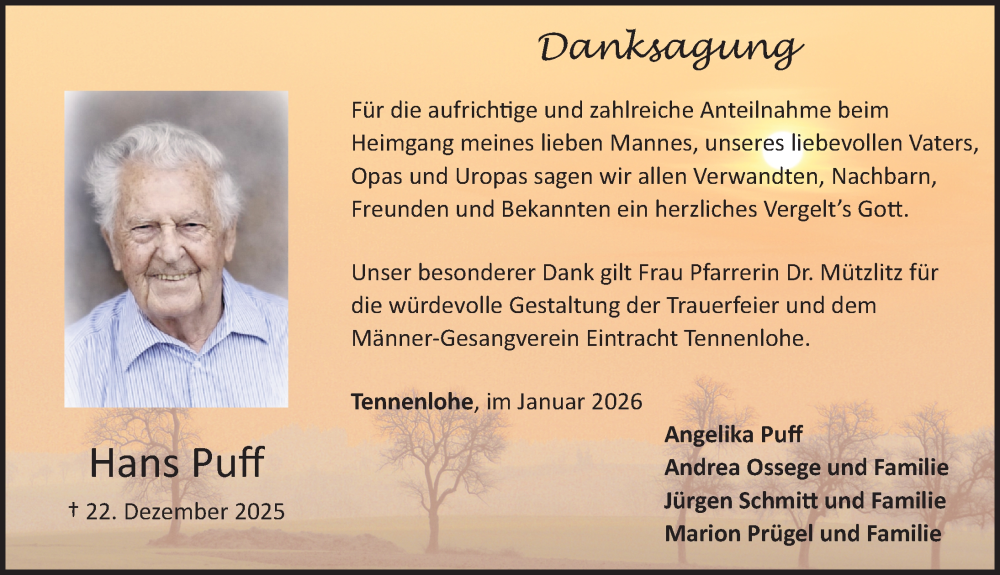  Traueranzeige für Hans Puff vom 24.01.2026 aus Erlanger Nachrichten Lokal