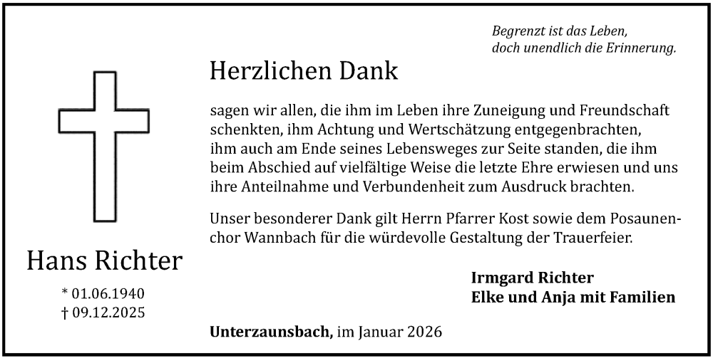  Traueranzeige für Hans Richter vom 03.01.2026 aus Nordbayerische Nachrichten Forchheim Lokal