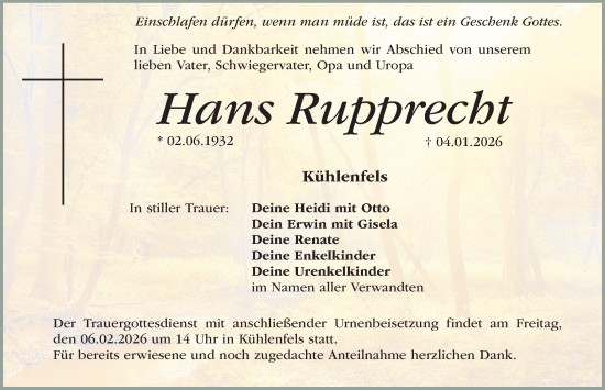 Traueranzeige von Hans Rupprecht von Nordbayerische Nachrichten Pegnitz Lokal