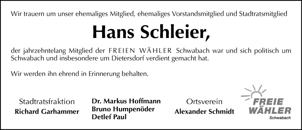  Traueranzeige für Hans Schleier vom 03.01.2026 aus Schwabacher Tagblatt Lokal