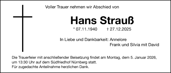 Traueranzeige von Hans Strauß von Gesamtausgabe Nürnberger Nachrichten/ Nürnberger Ztg.