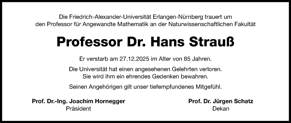  Traueranzeige für Hans Strauß vom 15.01.2026 aus Gesamtausgabe Nürnberger Nachrichten/ Nürnberger Ztg.