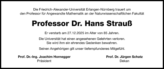 Traueranzeige von Hans Strauß von Gesamtausgabe Nürnberger Nachrichten/ Nürnberger Ztg.