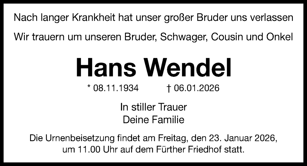  Traueranzeige für Hans Wendel vom 22.01.2026 aus Fürther Nachrichten Lokal