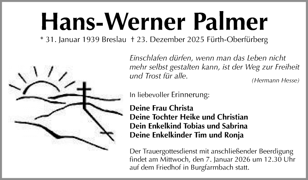  Traueranzeige für Hans-Werner Palmer vom 03.01.2026 aus Fürther Nachrichten Lokal